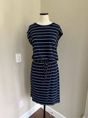 Banana Republic Navy and White Striped Drawstring Waist Dress